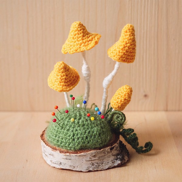 Picture of Small Crochet Yellow Mushrooms on Wooden Base / Pincushion