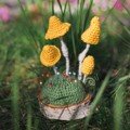 Picture of Small Crochet Yellow Mushrooms on Wooden Base / Pincushion