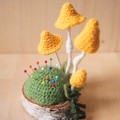 Picture of Small Crochet Yellow Mushrooms on Wooden Base / Pincushion